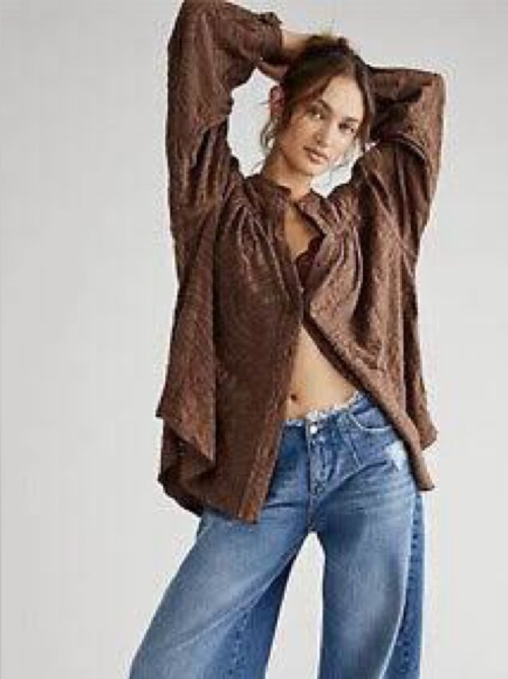 Free People Brown Textured Button-Front Long Sleeve Top Abstract Oversized M - Picture 4 of 4